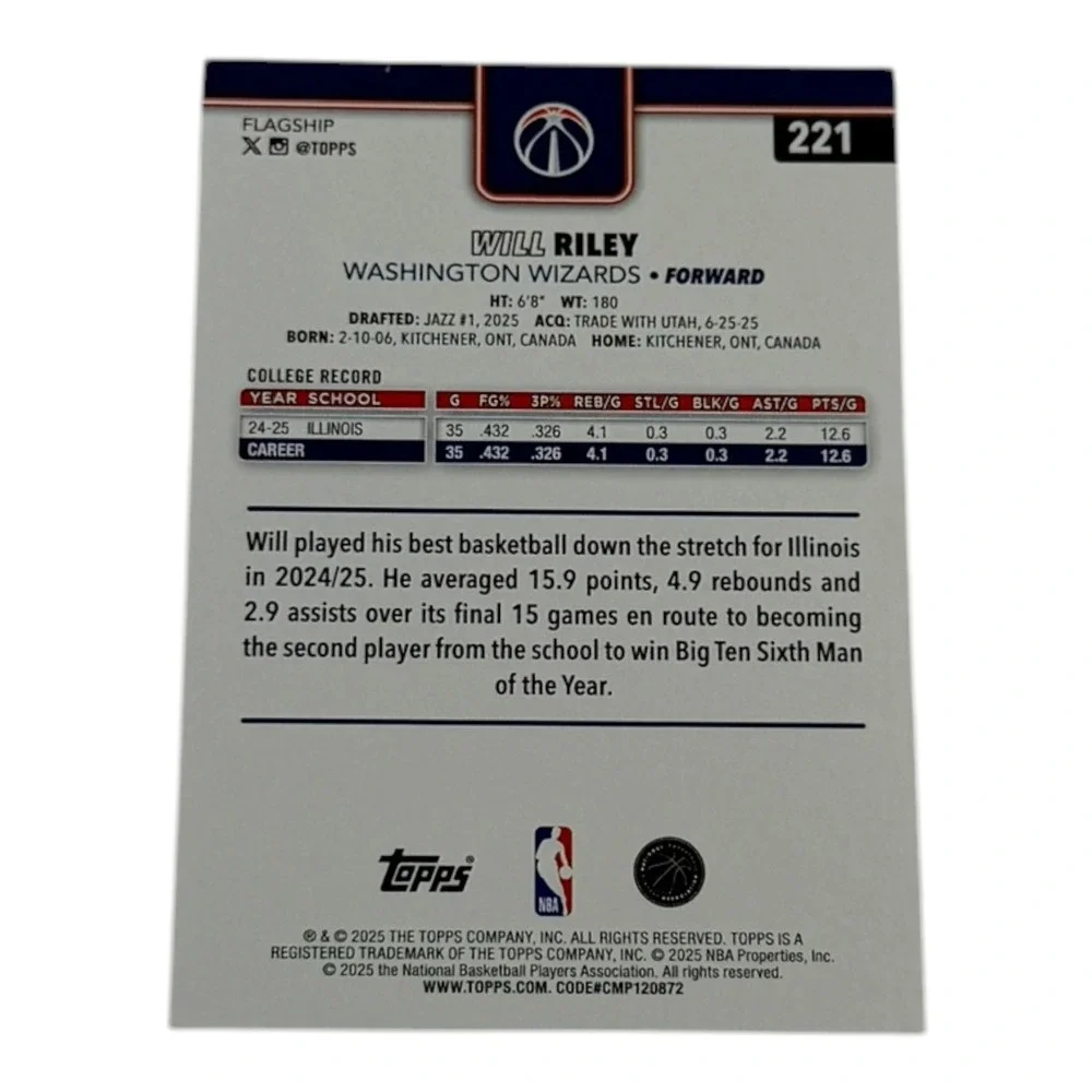 2025‎ Topps Basketball Will Riley Rookie Card 221 Washington Wizards RC NBA Card
